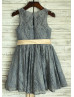 Gray Lace With Champagne Sash Flower Girl Dress 